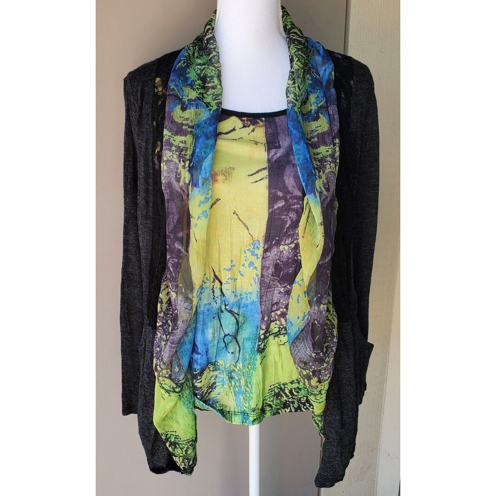 Cativa Boutique 3 In 1 Blouse Top Womens Large Green‎ Blue Black Vibrant Artsy
